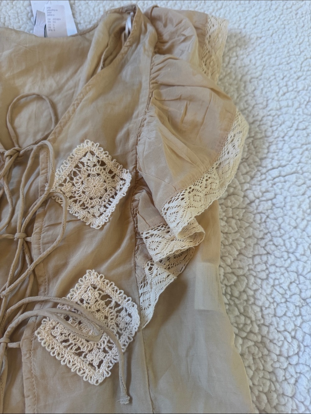 H&M Beige Ruffle Tie-Front Blouse with Crochet Insets - Picture 3 of 6